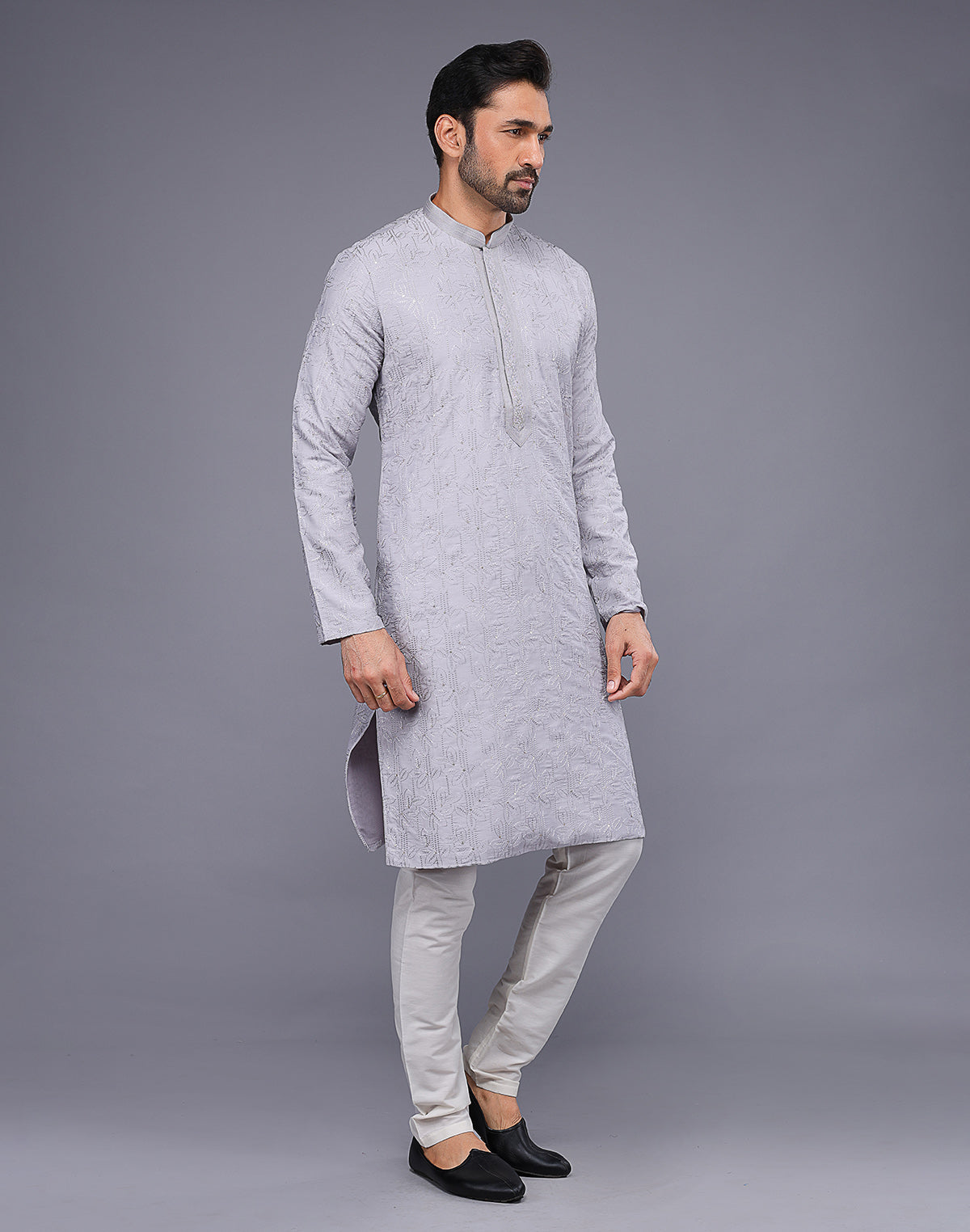 All Over Thread Work Soft Silk Grey Color Kurta Set