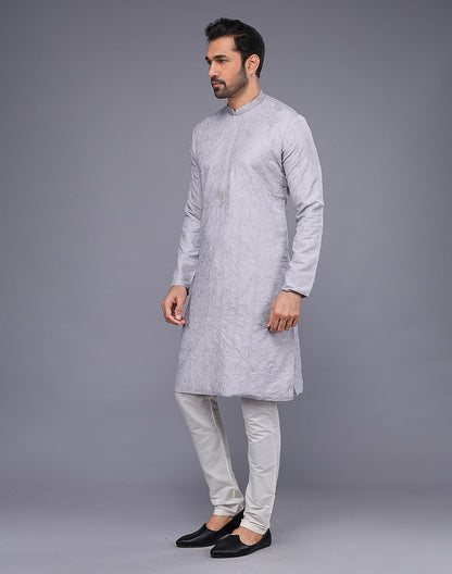 All Over Thread Work Soft Silk Grey Color Kurta Set