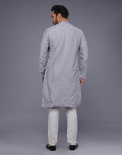 All Over Thread Work Soft Silk Grey Color Kurta Set