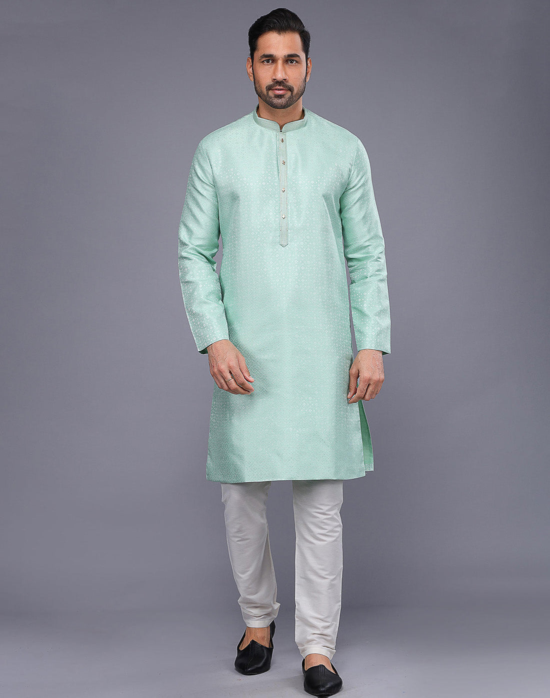 All Over Self Geometric Design Pista Green Jacquard Kurta Pajama