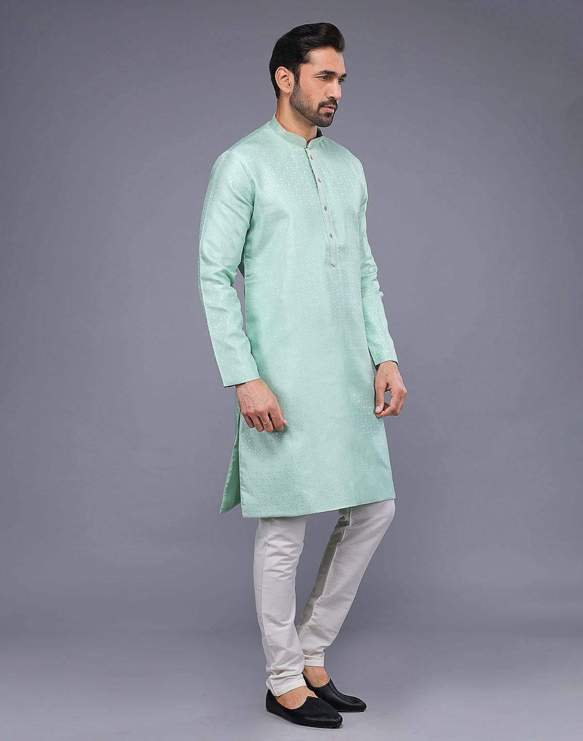 All Over Self Geometric Design Pista Green Jacquard Kurta Pajama