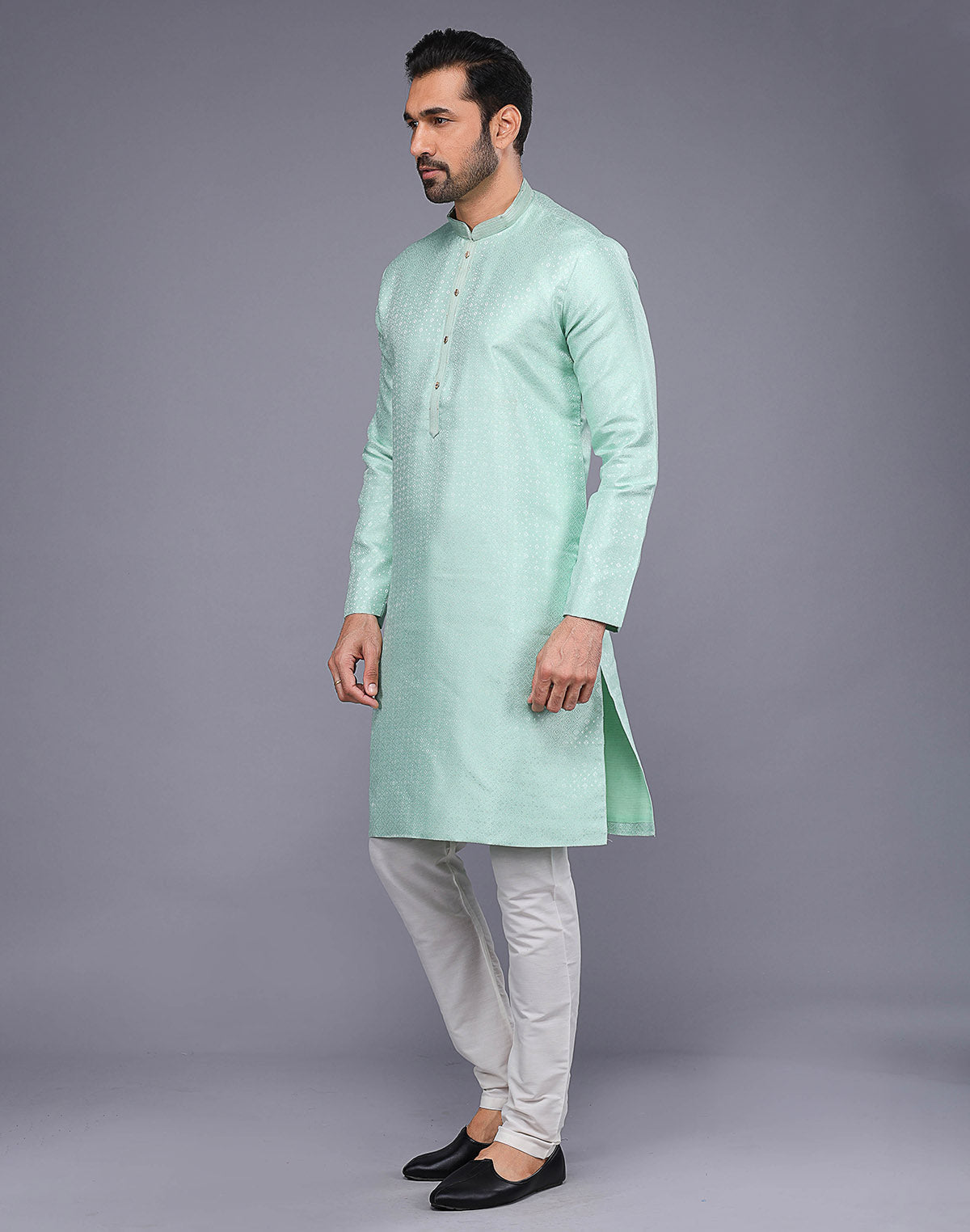 All Over Self Geometric Design Pista Green Jacquard Kurta Pajama