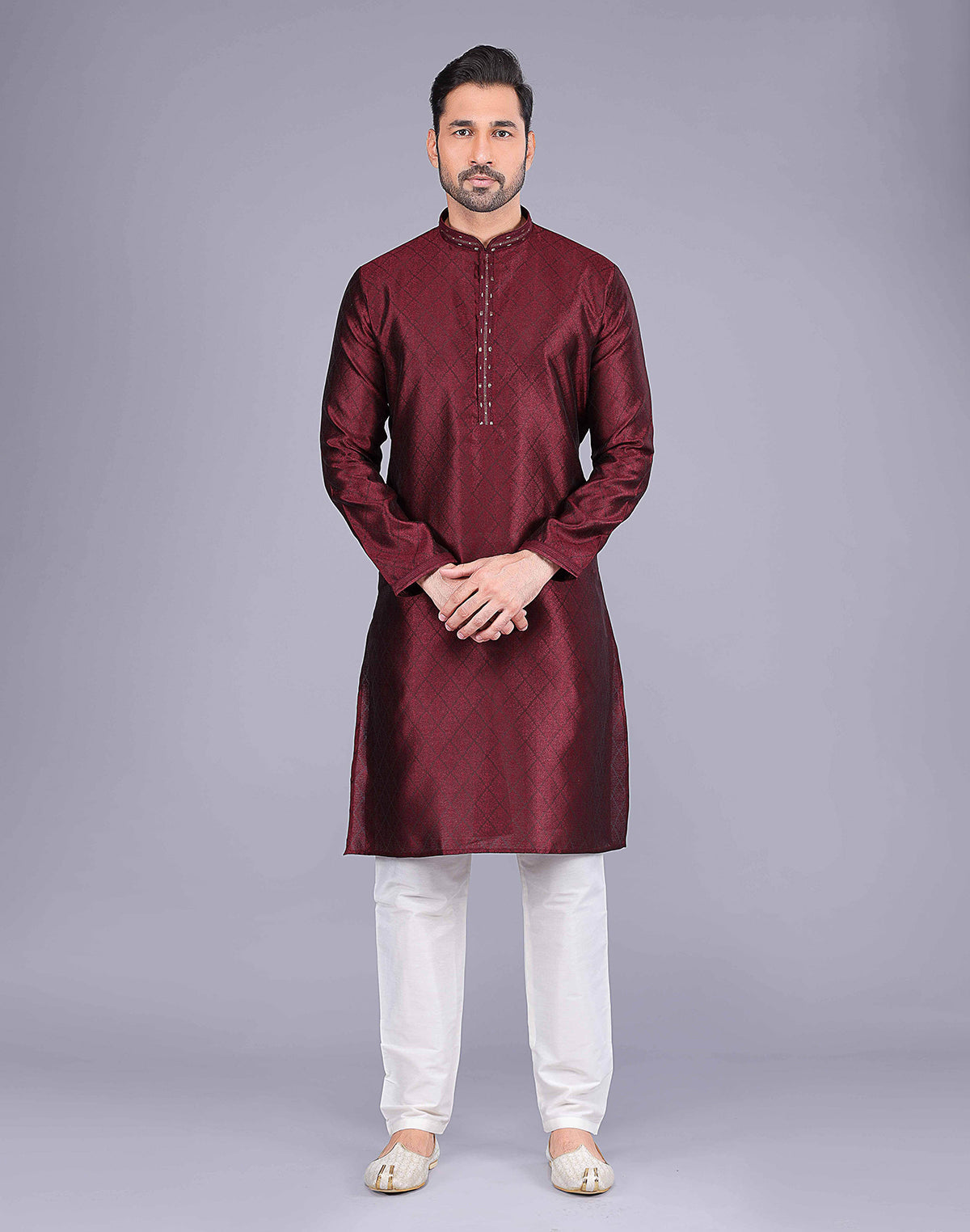 All Over Self Floral Design Maroon Soft Silk Kurta Pajama