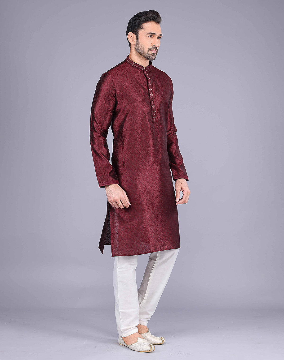 All Over Self Floral Design Maroon Soft Silk Kurta Pajama