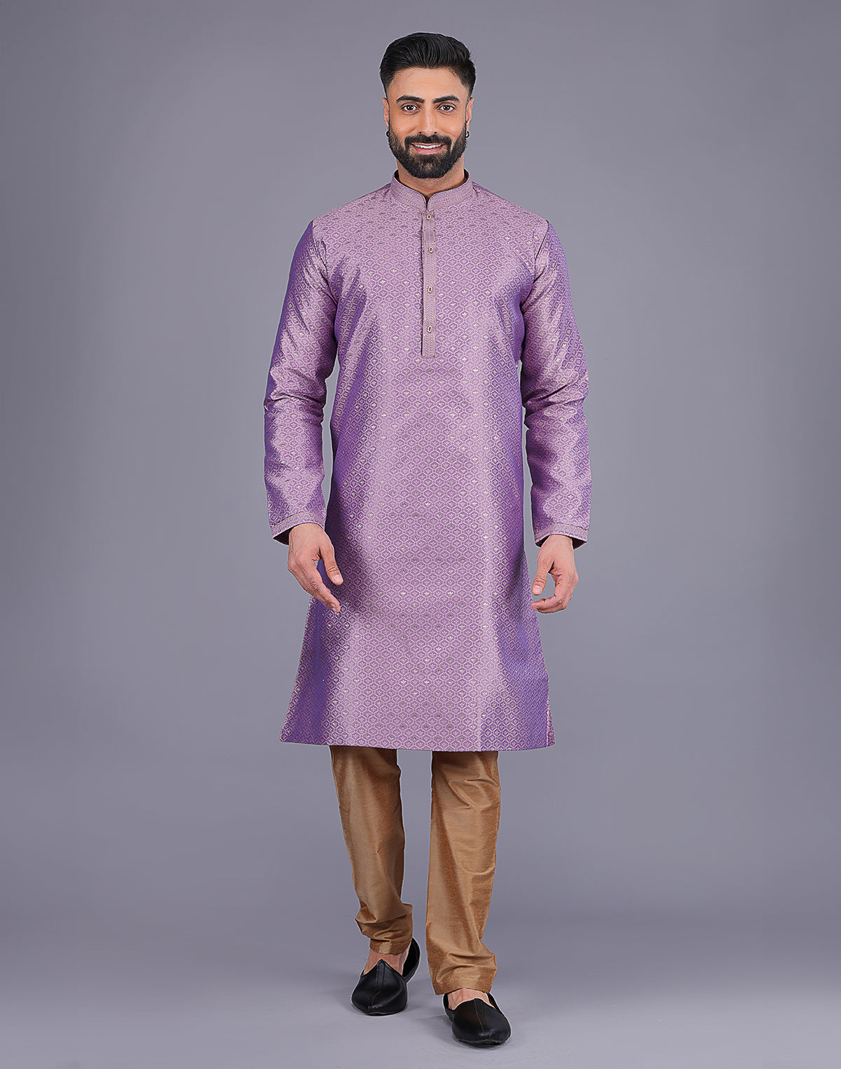 All Over Self Bootis and Weaving Lavender Soft Silk Kurta Set