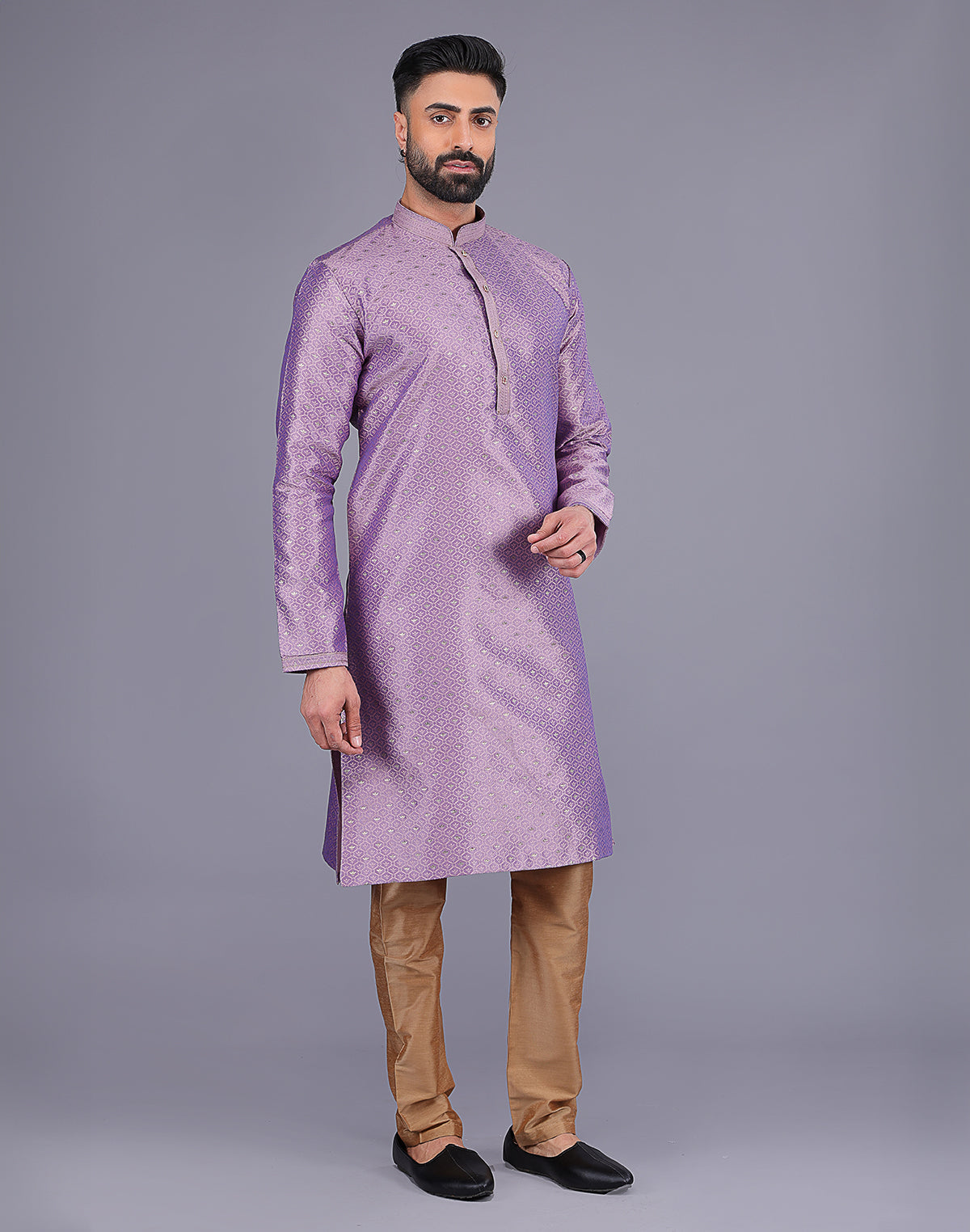 All Over Self Bootis and Weaving Lavender Soft Silk Kurta Set