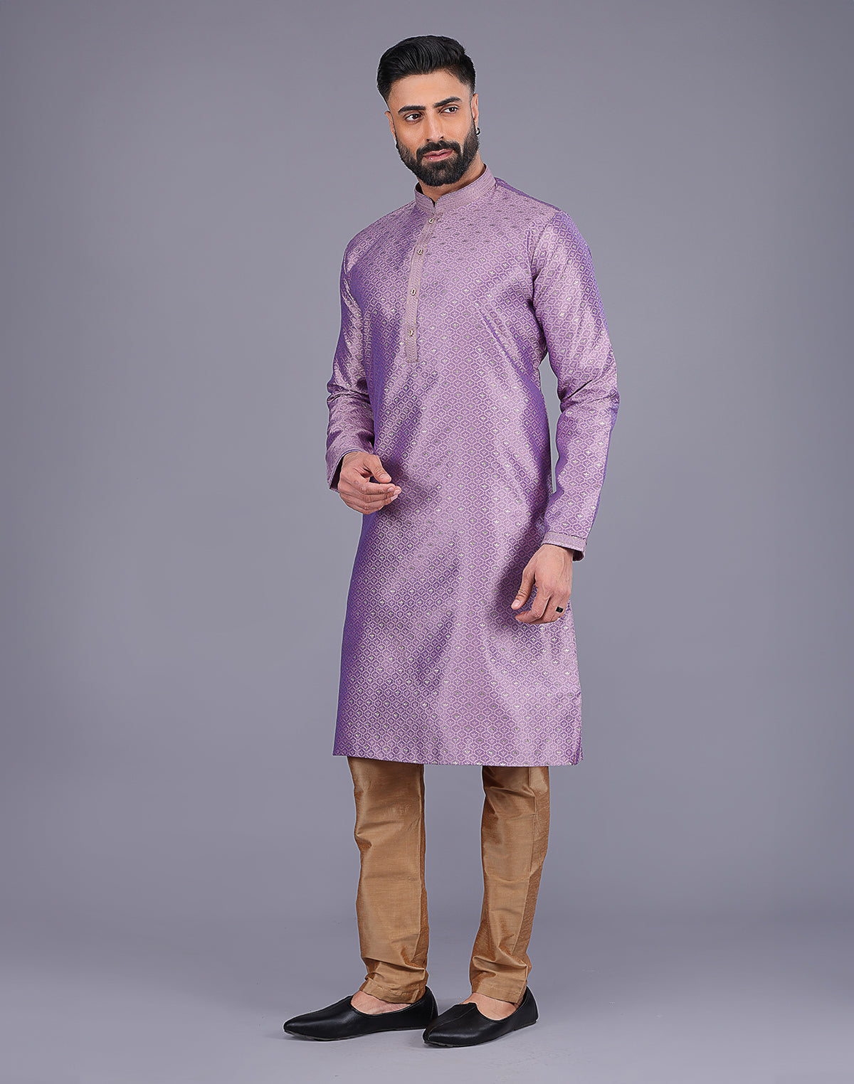 All Over Self Bootis and Weaving Lavender Soft Silk Kurta Set