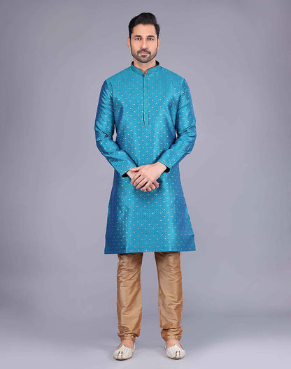 All Over Self Bootis and Weaving Teal Blue Soft Silk Kurta Set