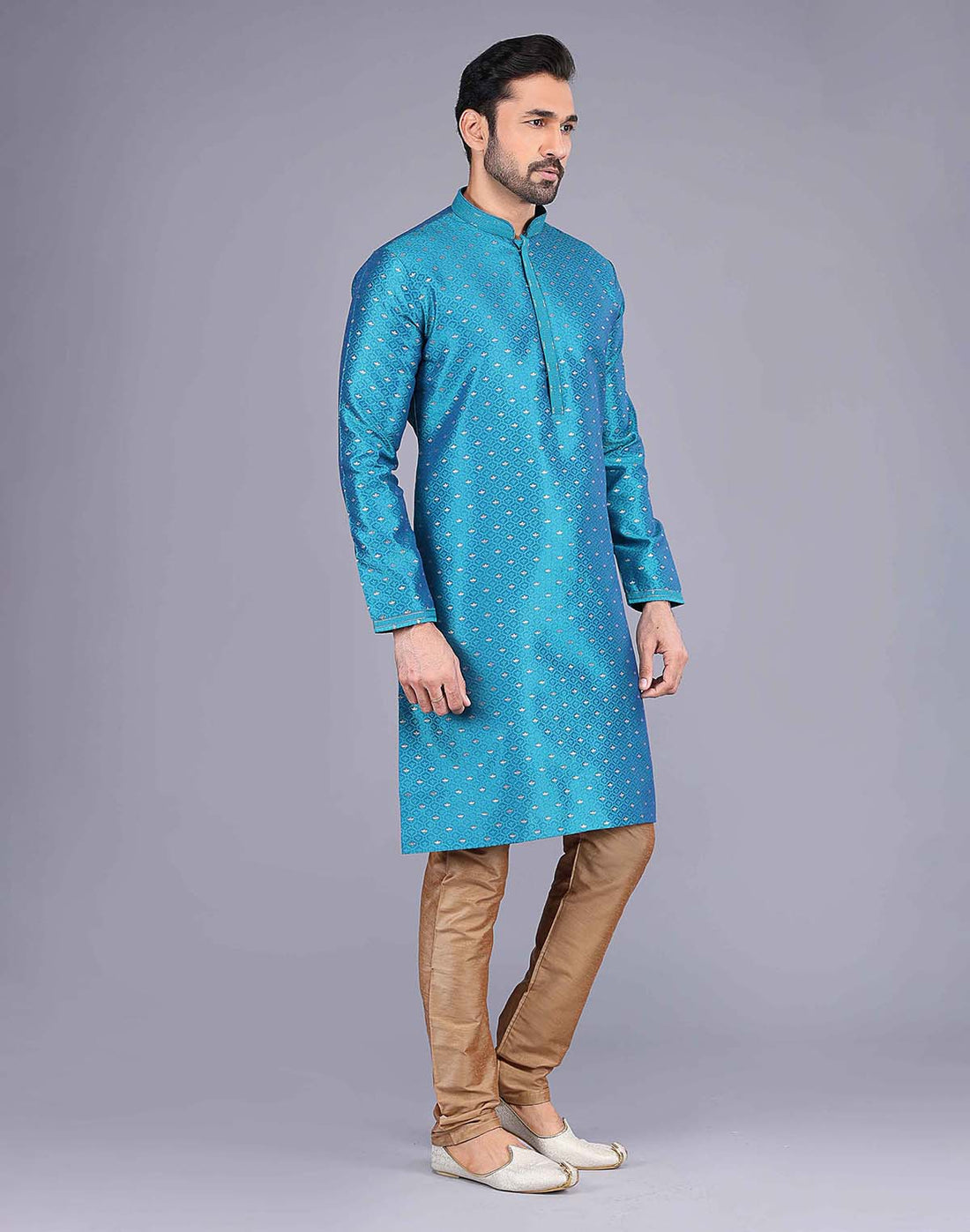 All Over Self Bootis and Weaving Teal Blue Soft Silk Kurta Set