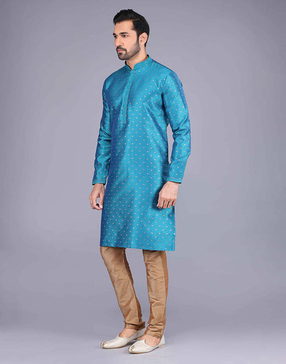 All Over Self Bootis and Weaving Teal Blue Soft Silk Kurta Set