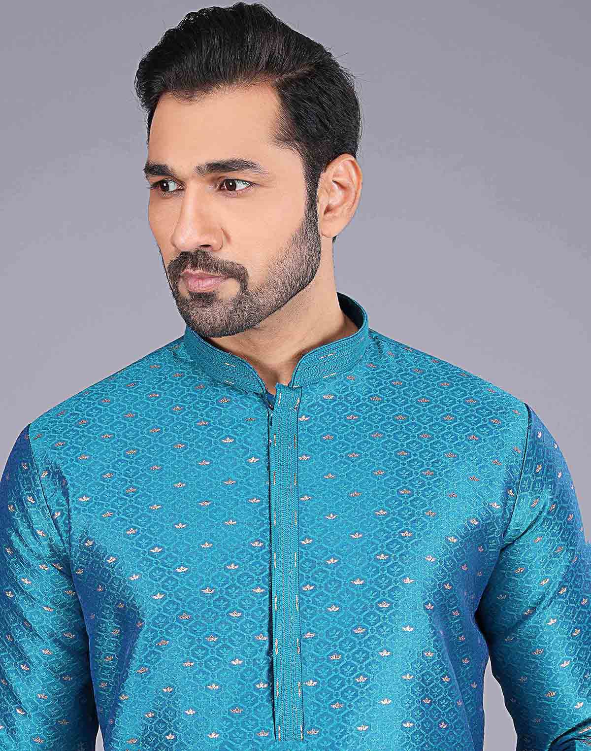 All Over Self Bootis and Weaving Teal Blue Soft Silk Kurta Set