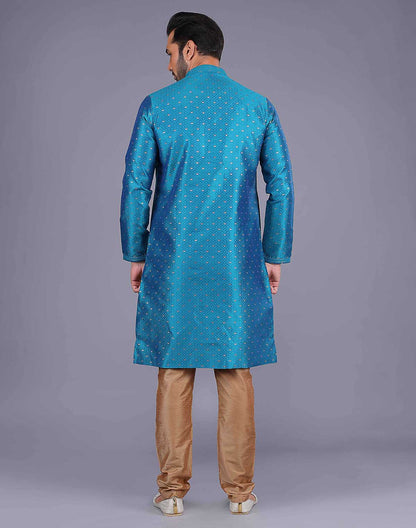 All Over Self Bootis and Weaving Teal Blue Soft Silk Kurta Set