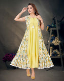 Yellow Long Flared Kurti With Knee-length Shrug