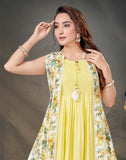 Yellow Long Flared Kurti With Knee-length Shrug