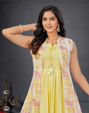 Light Yellow Floral Print Cotton Silk Kurti with Shrug