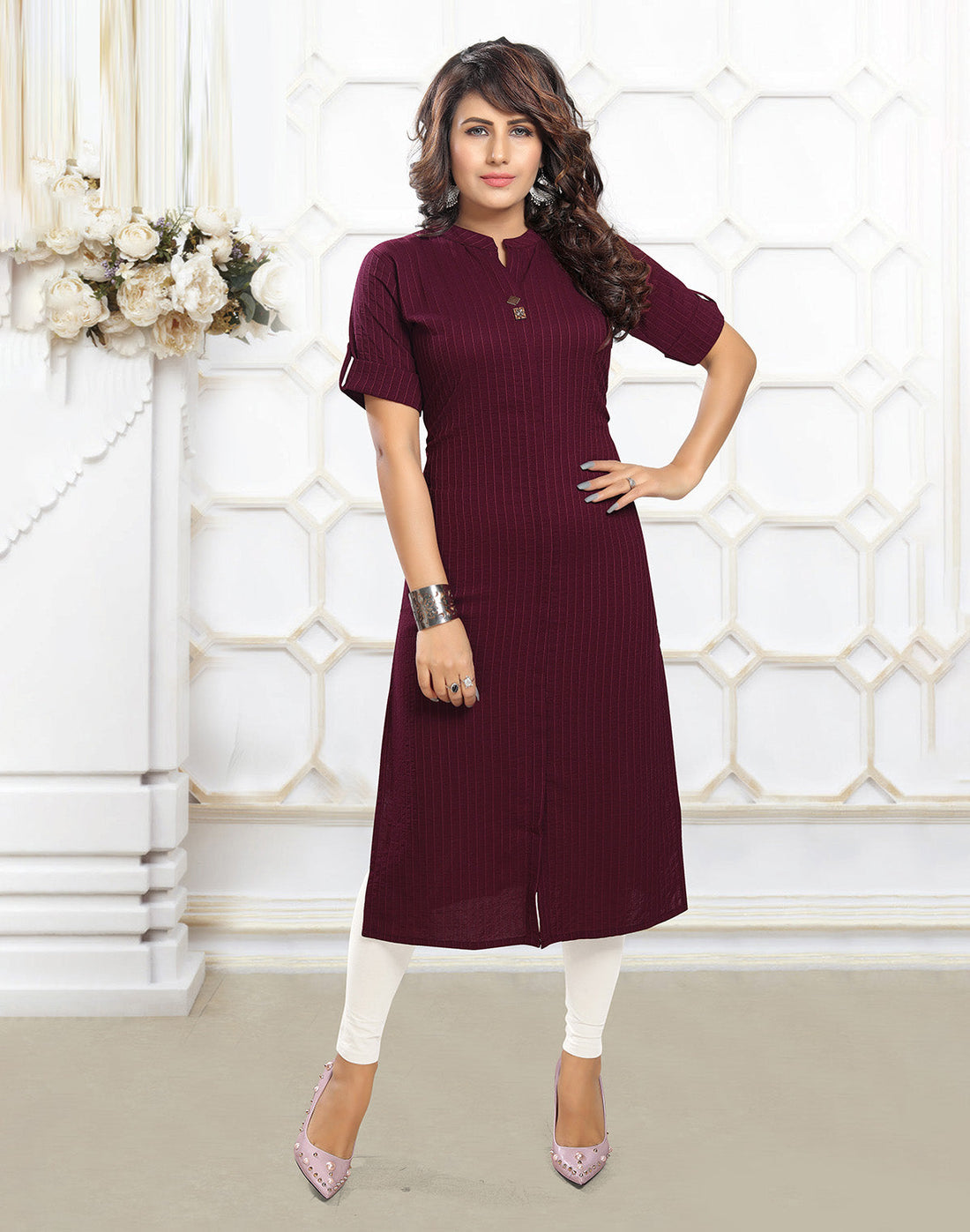 Maroon Stripes Self Pattern Cotton Silk Kurti