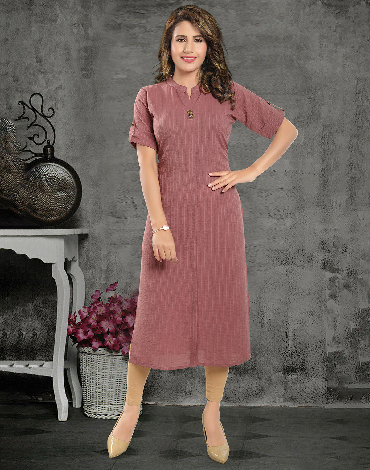 Peach Cotton Silk Casual Wear Kurti