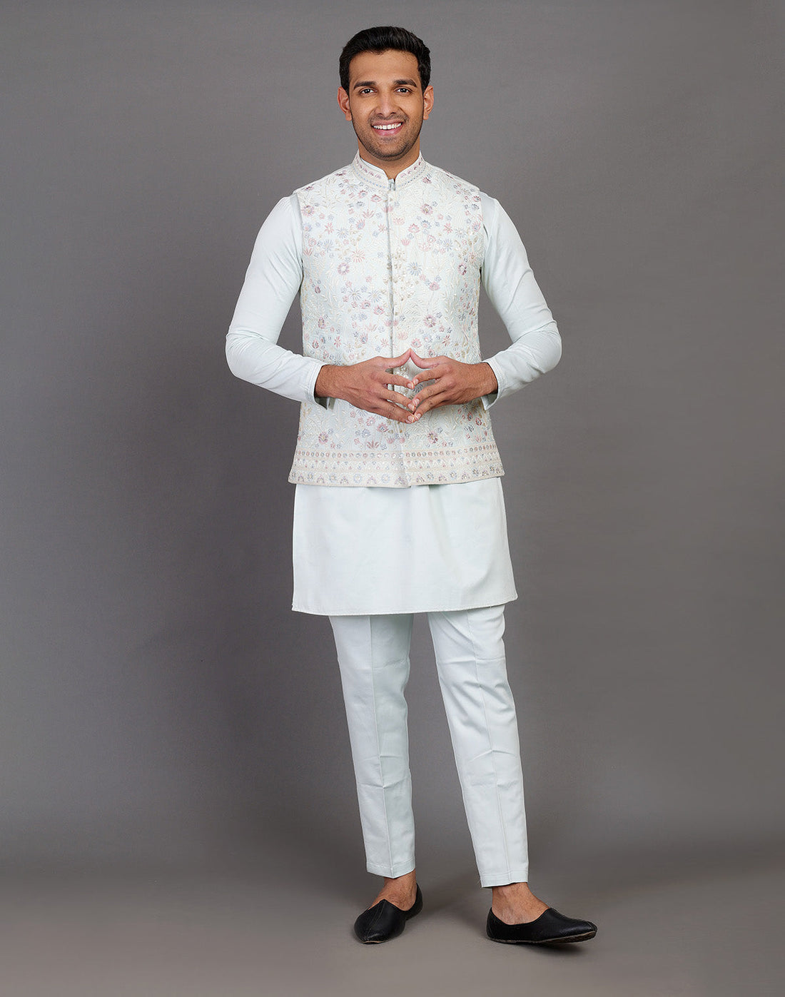 All Over Floral Embroidery Work Jacquard Sky Blue Kurta Jacket Set