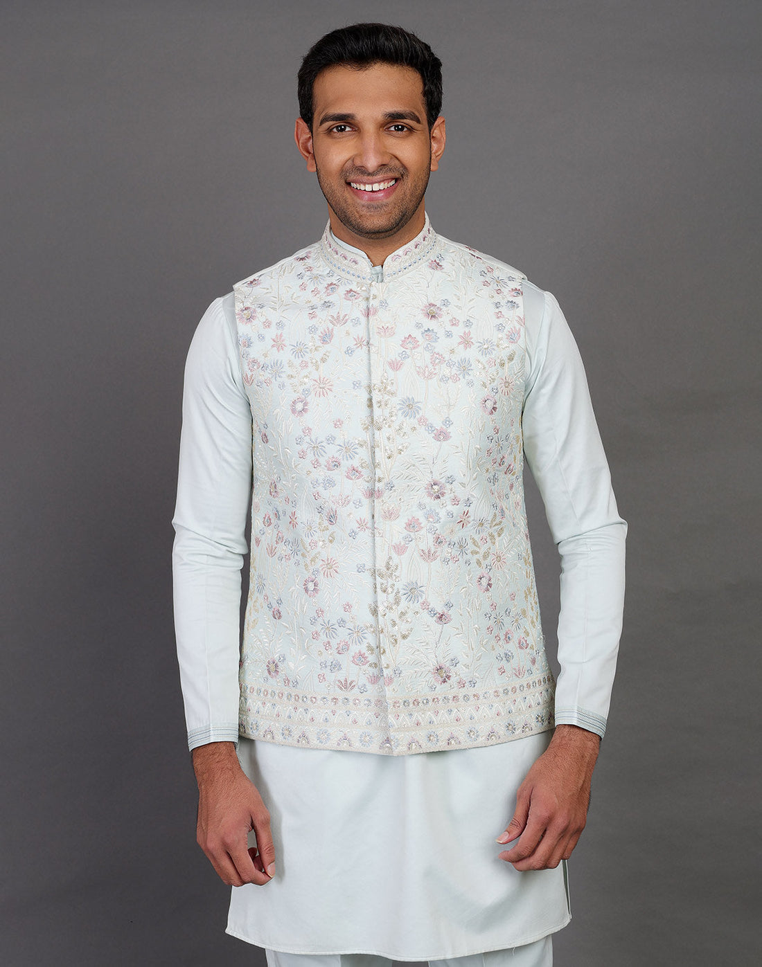 All Over Floral Embroidery Work Jacquard Sky Blue Kurta Jacket Set