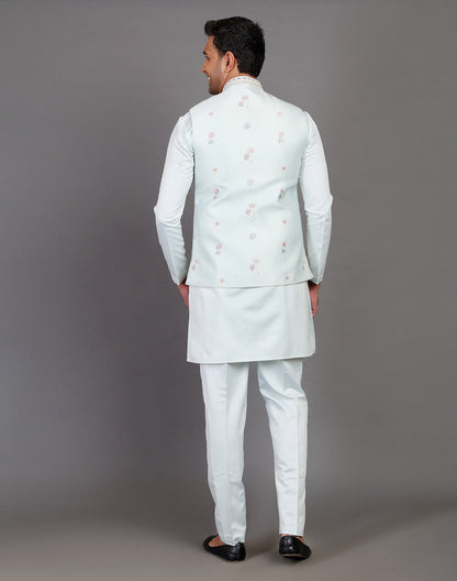 All Over Floral Embroidery Work Jacquard Sky Blue Kurta Jacket Set