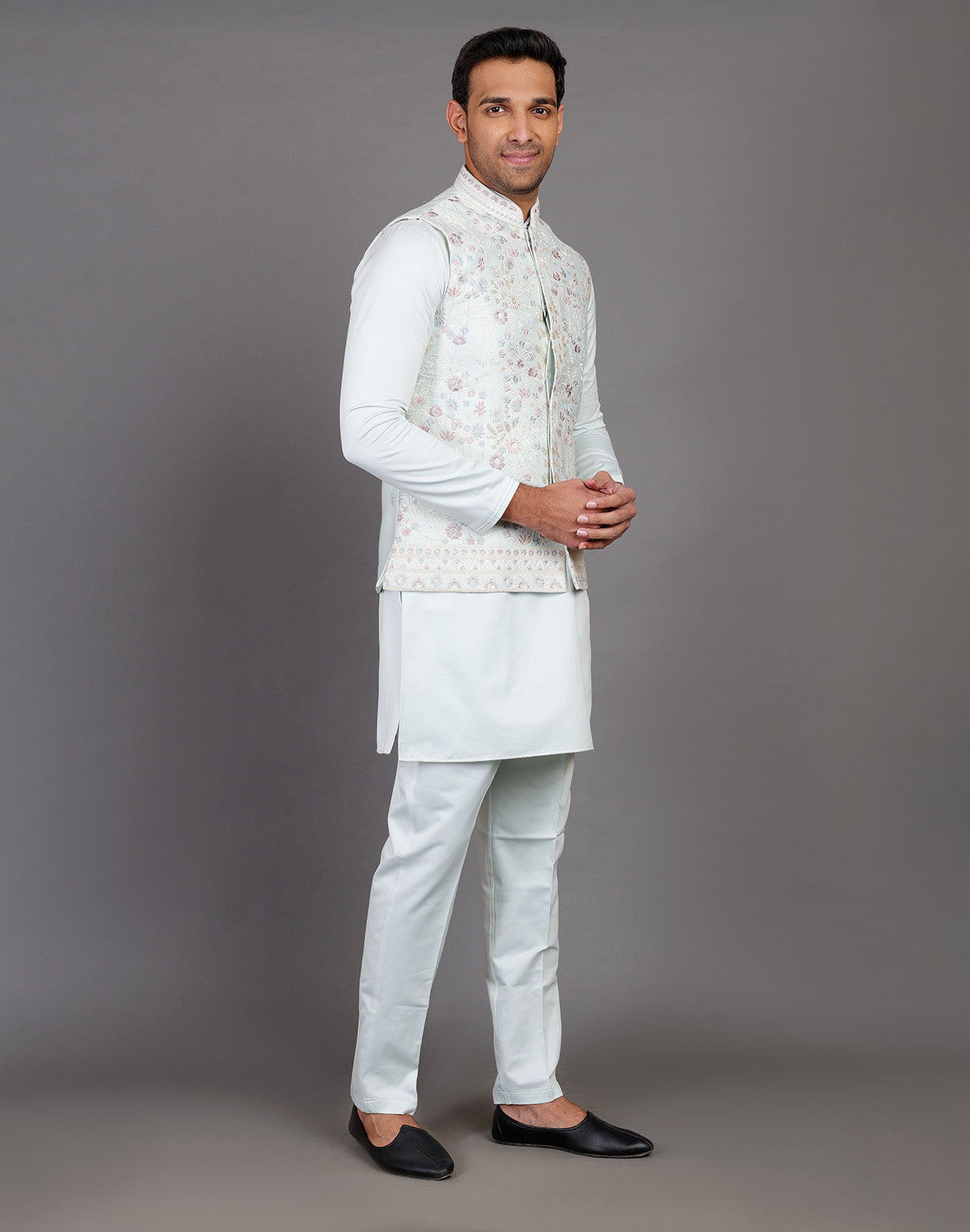 All Over Floral Embroidery Work Jacquard Sky Blue Kurta Jacket Set