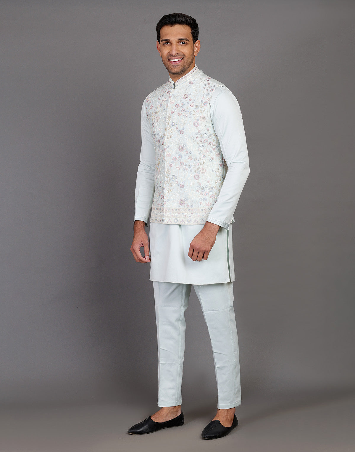 All Over Floral Embroidery Work Jacquard Sky Blue Kurta Jacket Set