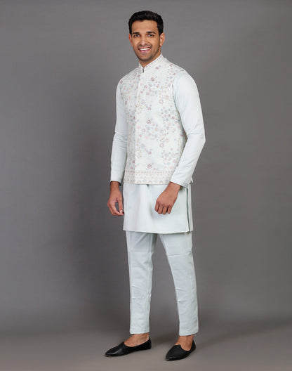 All Over Floral Embroidery Work Jacquard Sky Blue Kurta Jacket Set