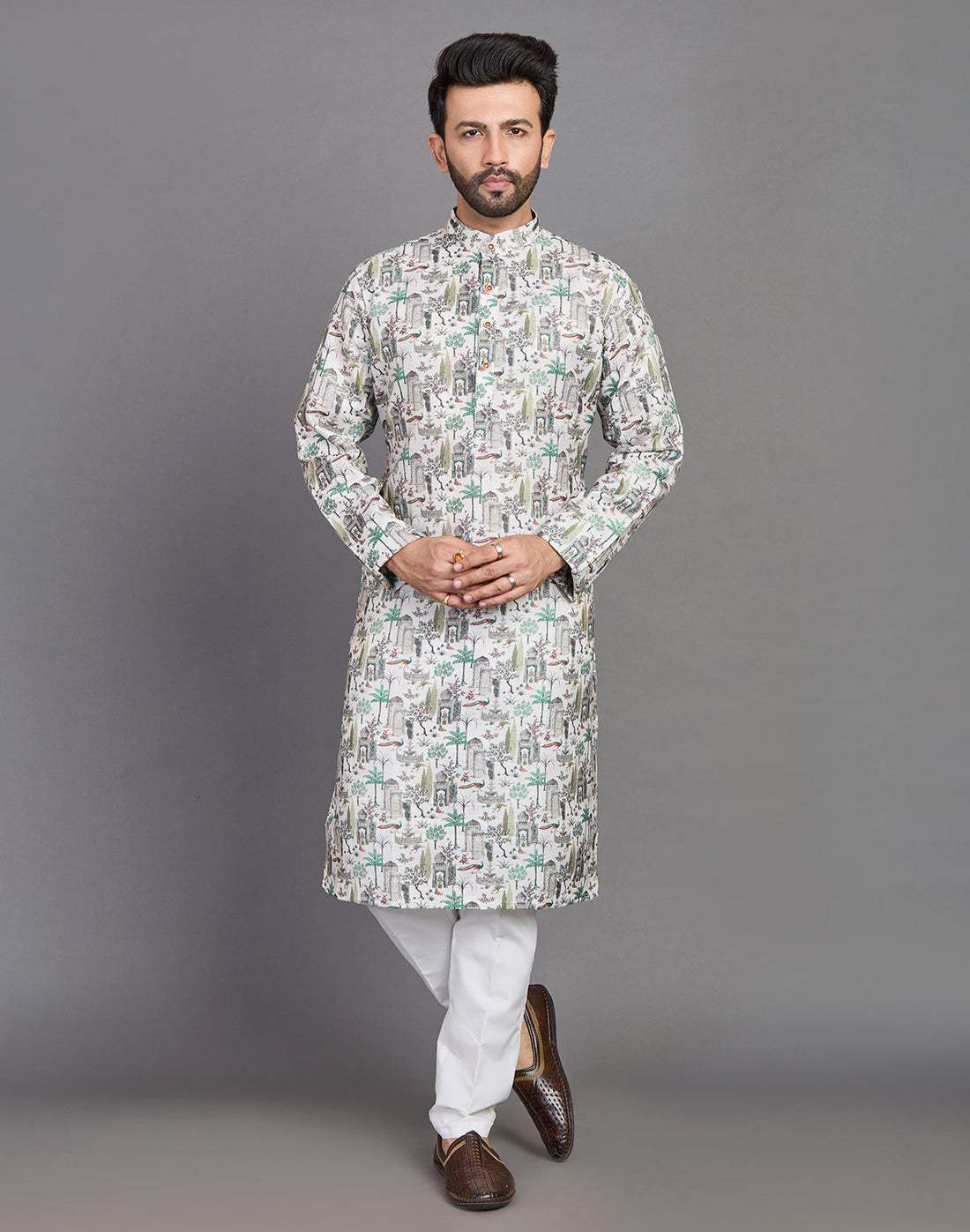 All Over Botanical and Novelty Print Green Cotton Kurta