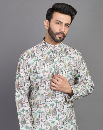 All Over Botanical and Novelty Print Green Cotton Kurta