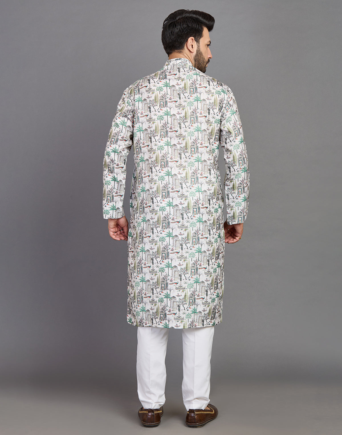 All Over Botanical and Novelty Print Green Cotton Kurta