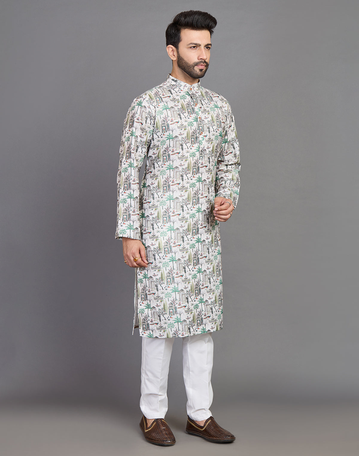 All Over Botanical and Novelty Print Green Cotton Kurta