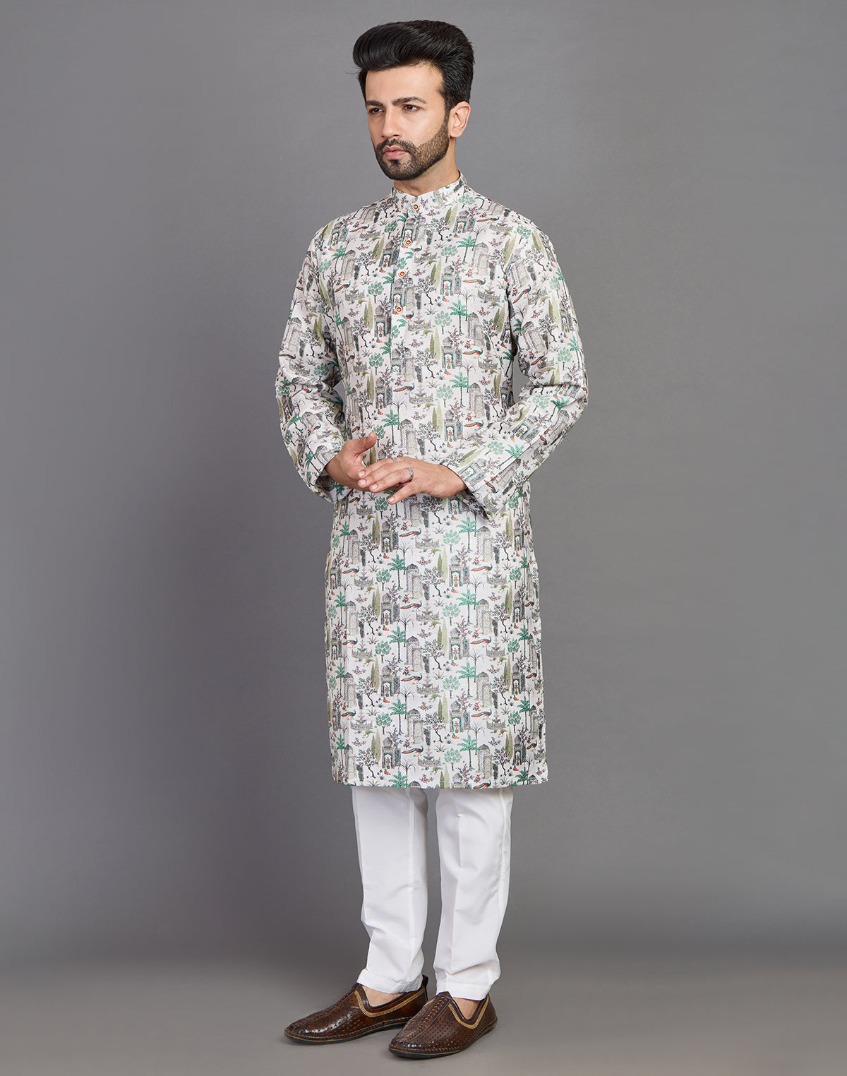 All Over Botanical and Novelty Print Green Cotton Kurta