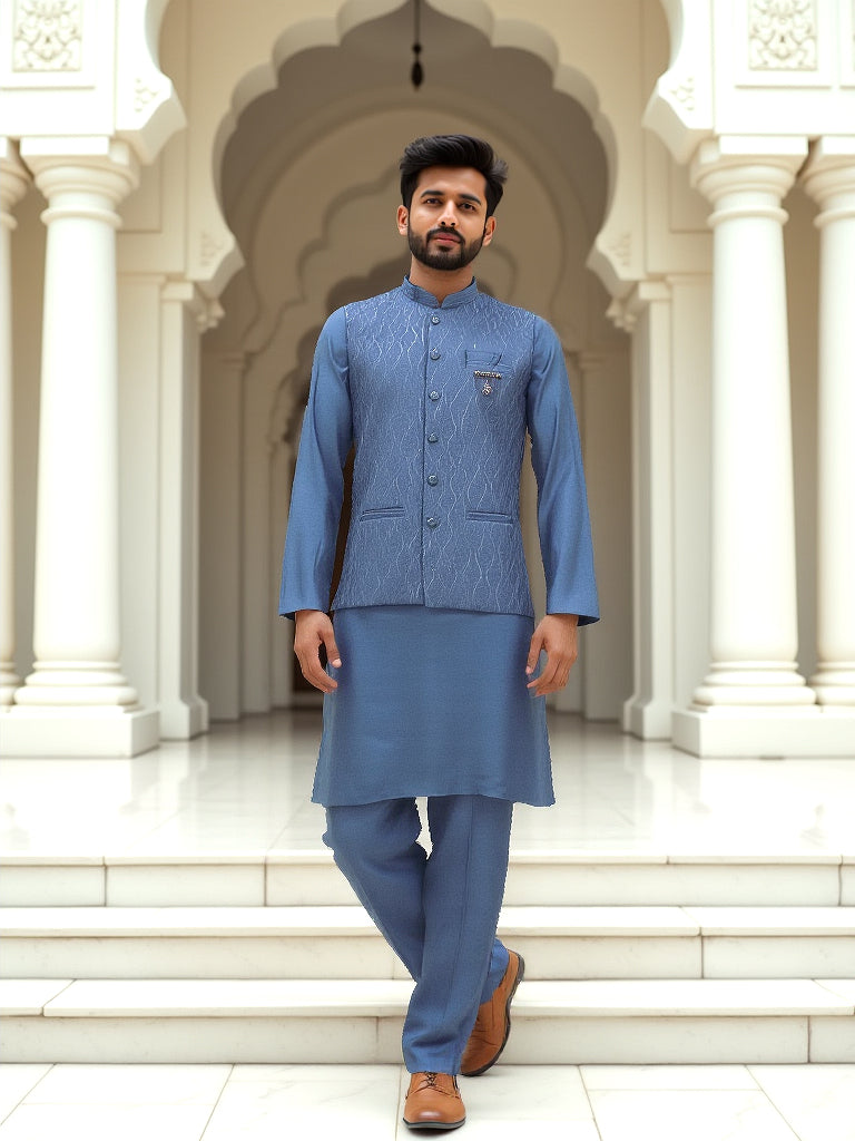 All Over Sequence Work Self Design Teal Blue Colour Kurta Jacket Set