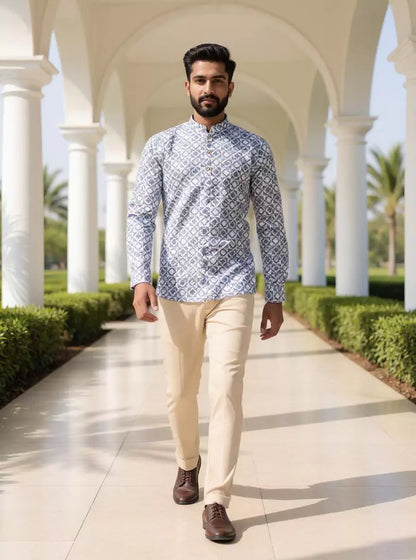 Dark Grey Trellis Patterned Glaxo Cotton Short Kurta