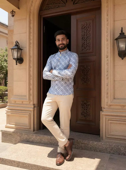 Dark Grey Trellis Patterned Glaxo Cotton Short Kurta