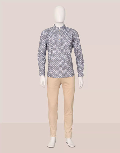 Dark Grey Trellis Patterned Glaxo Cotton Short Kurta