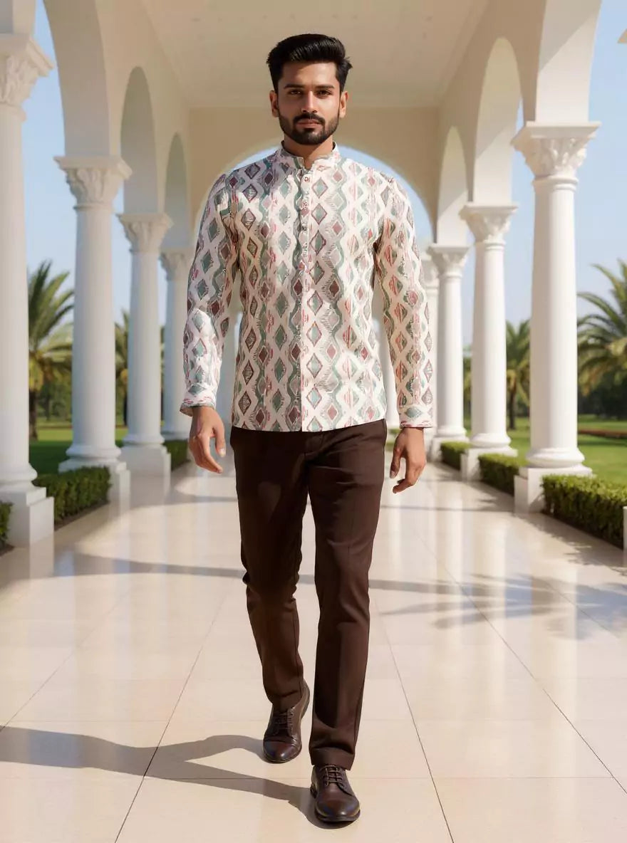 Natural Colour Ikat Printed Giza Cotton Short Kurta