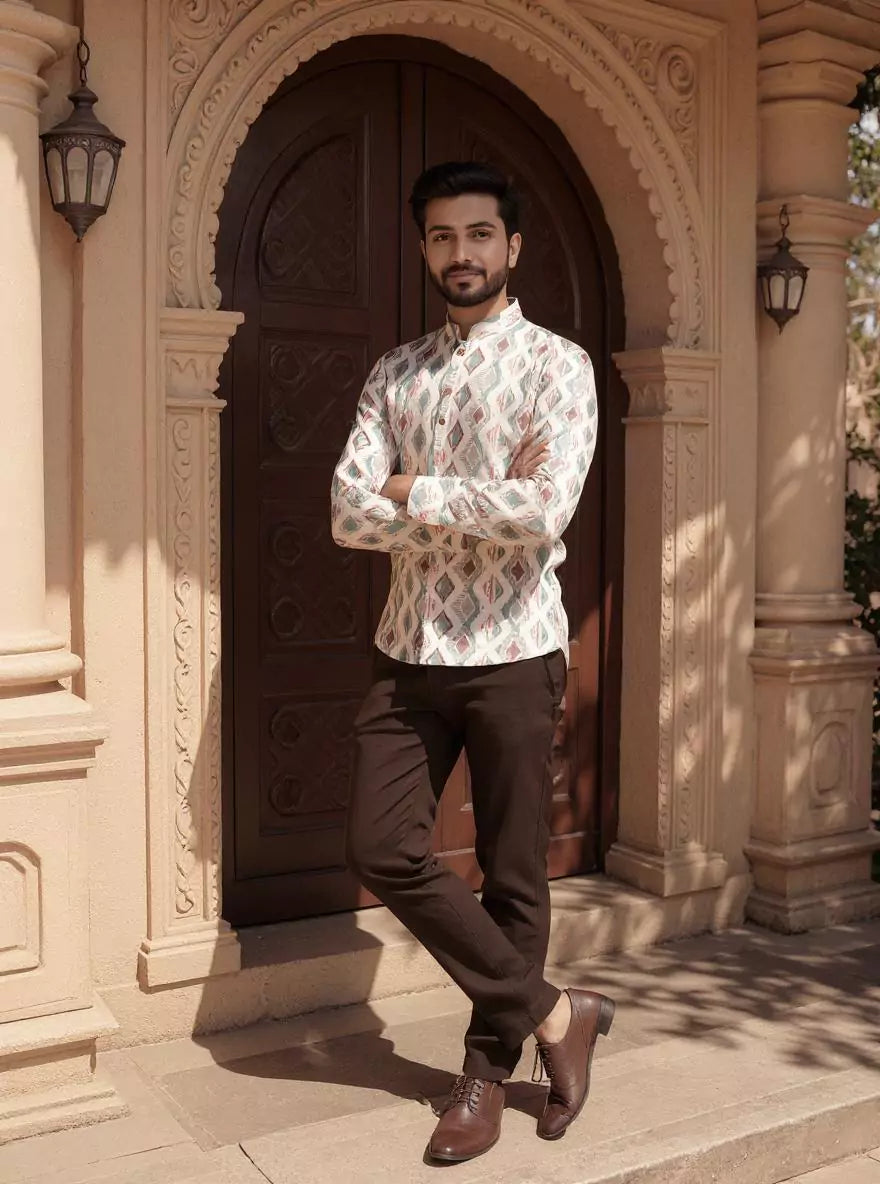 Natural Colour Ikat Printed Giza Cotton Short Kurta