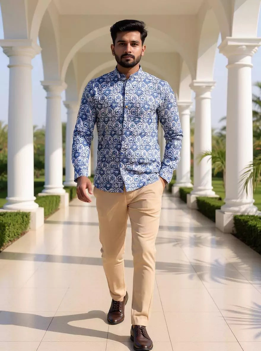 Stylish Blue Coloured Floral Print Giza Cotton Men Short Kurta