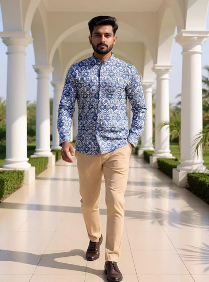 Stylish Blue Coloured Floral Print Giza Cotton Men Short Kurta