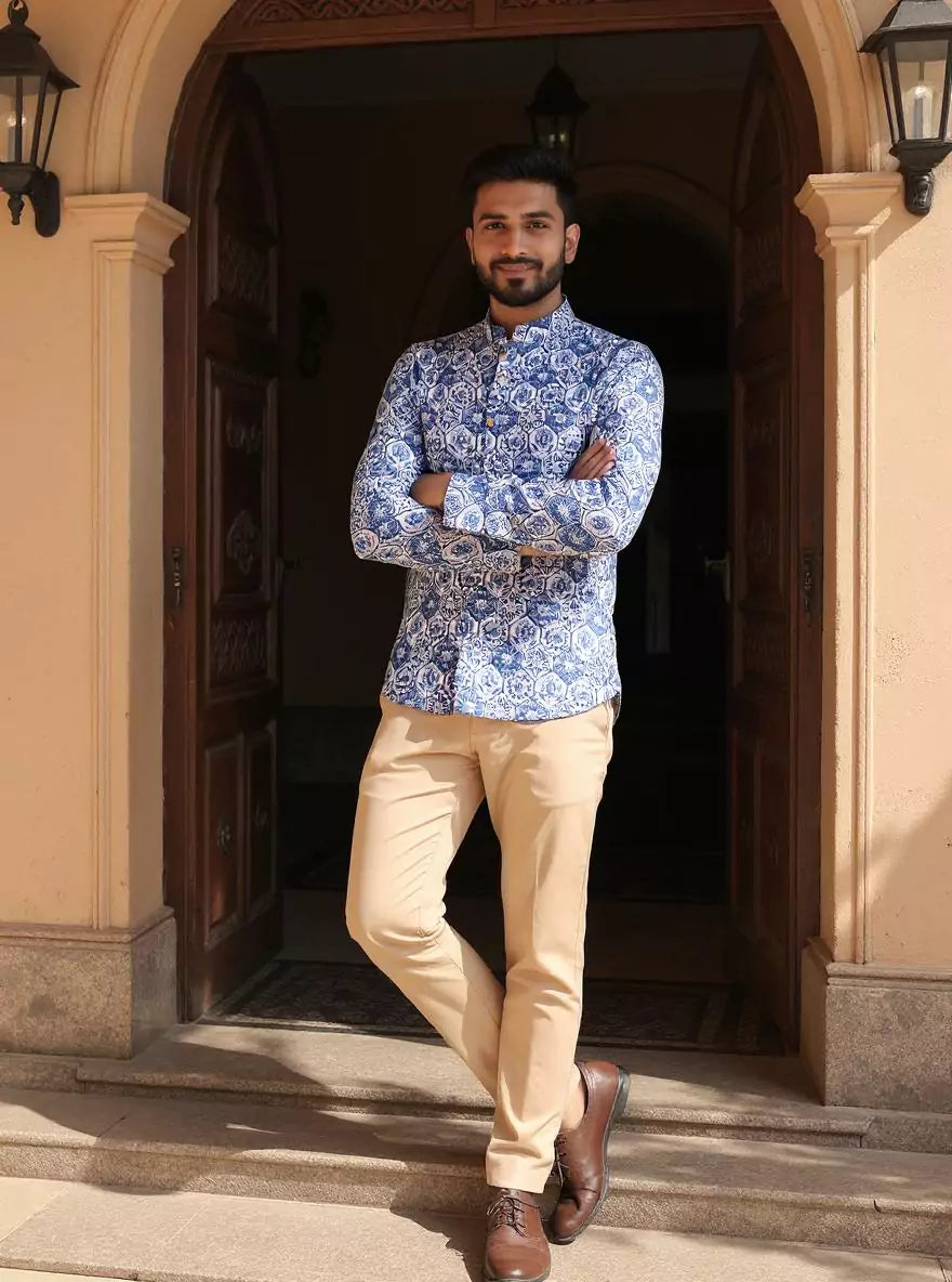 Stylish Blue Coloured Floral Print Giza Cotton Men Short Kurta