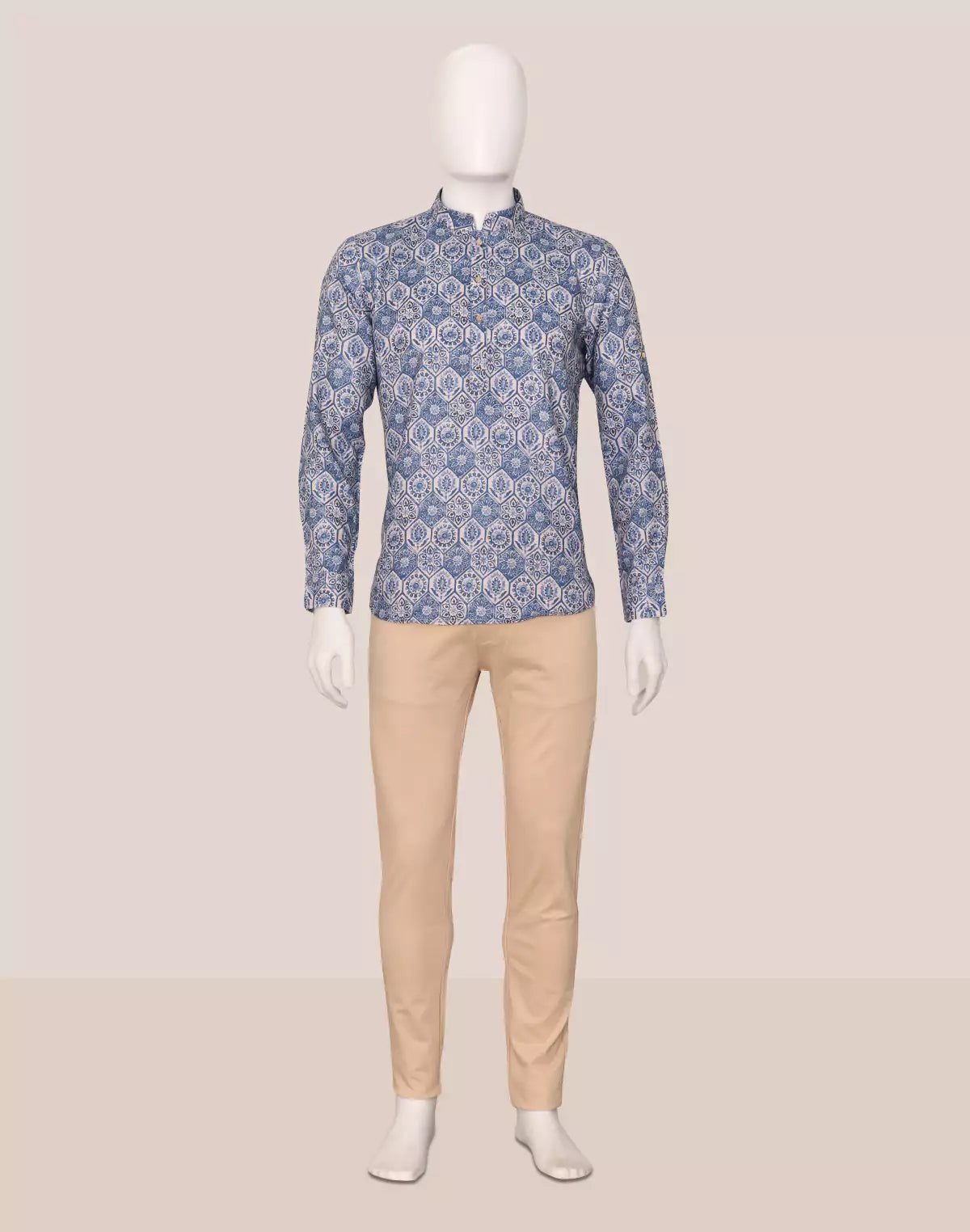 Stylish Blue Coloured Floral Print Giza Cotton Men Short Kurta