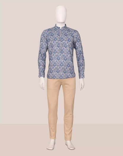 Stylish Blue Coloured Floral Print Giza Cotton Men Short Kurta