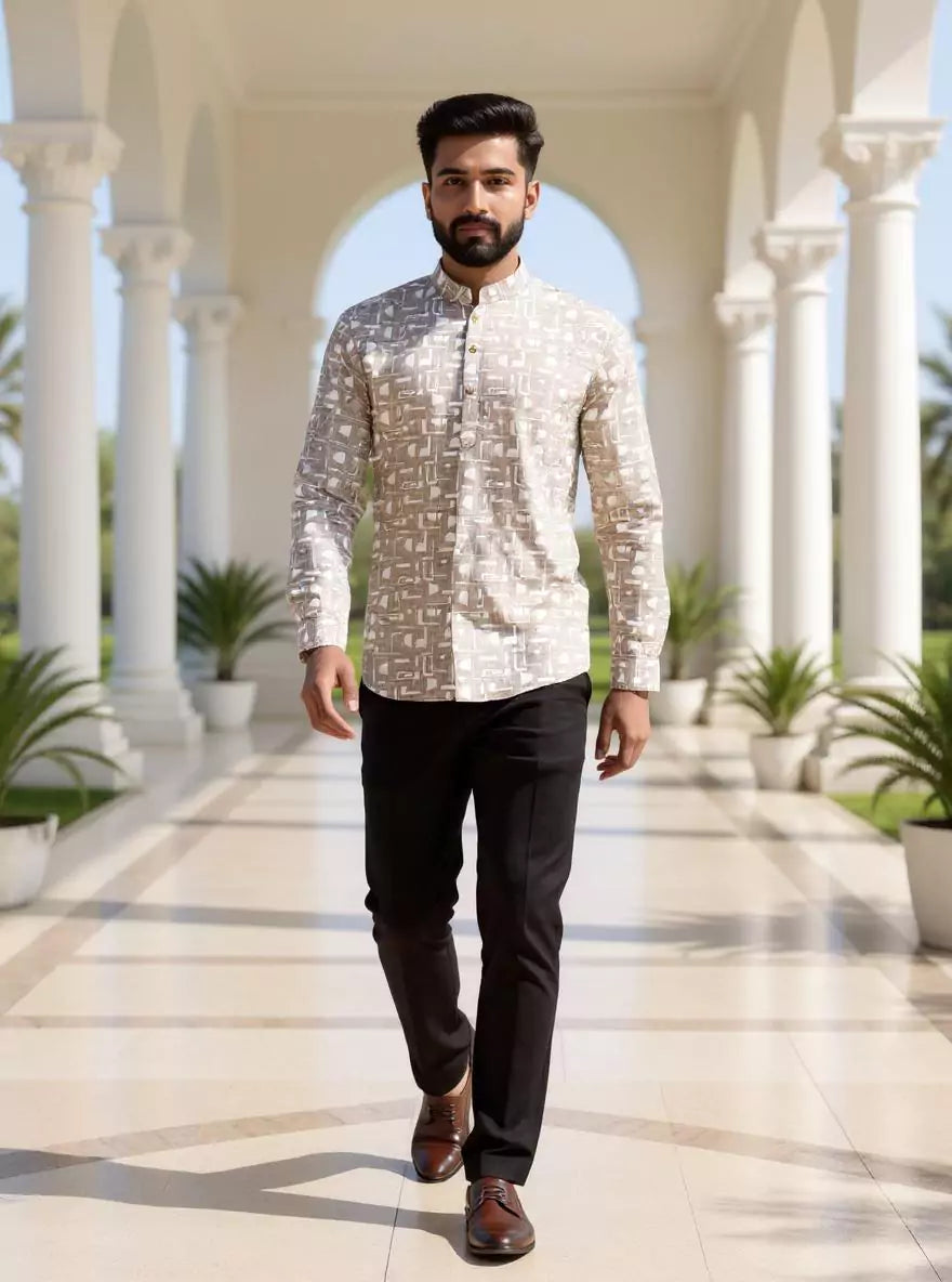 Dust Coloured Glaxo Cotton Geometric Printed Short Kurta