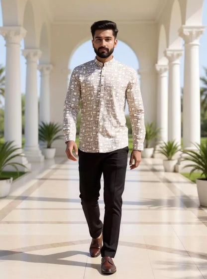 Dust Coloured Glaxo Cotton Geometric Printed Short Kurta