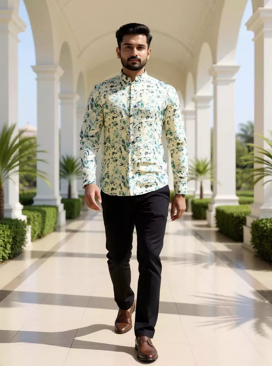 Men Floral Printed Glaxo Cotton Light Pista Short Kurta