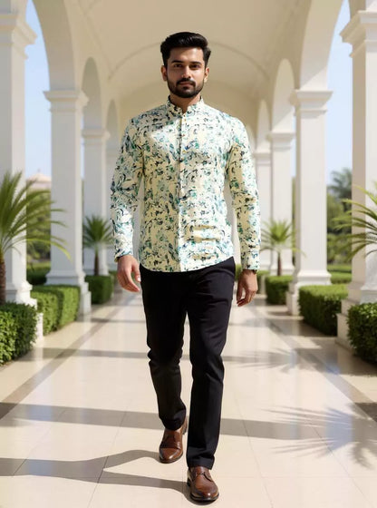 Men Floral Printed Glaxo Cotton Light Pista Short Kurta