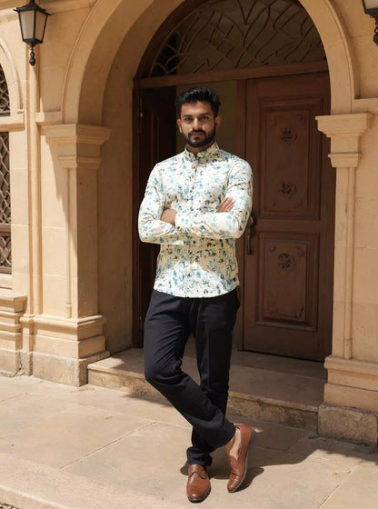 Men Floral Printed Glaxo Cotton Light Pista Short Kurta