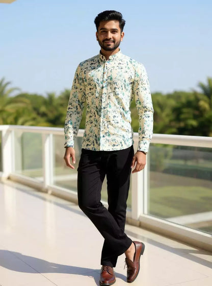 Men Floral Printed Glaxo Cotton Light Pista Short Kurta