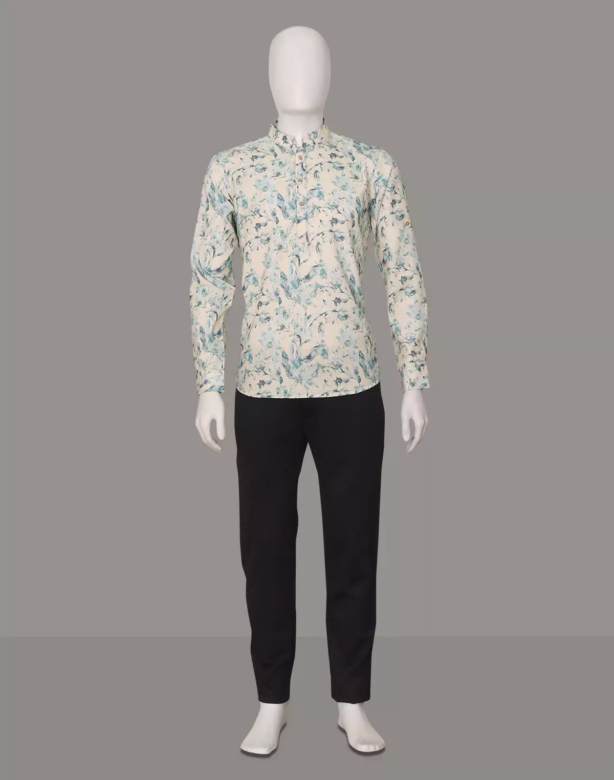 Men Floral Printed Glaxo Cotton Light Pista Short Kurta